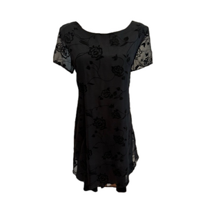 90s BLACK MINI DRESS W CHIFFON FABRIC FLORAL VELVET FLOCK OVERLAY RELAXED FIT 10